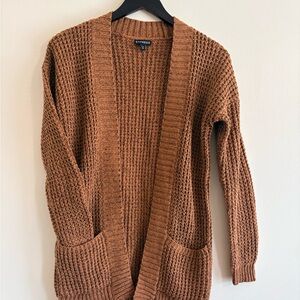 Express Brown Chunky-Knit Open-Front Cardigan Sweater with Pockets | XS